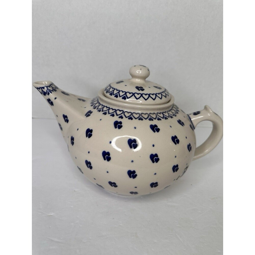 Beautiful Handmade Polish Pottery Clock Teapot Blue White Made In Poland - Picture 3 of 5